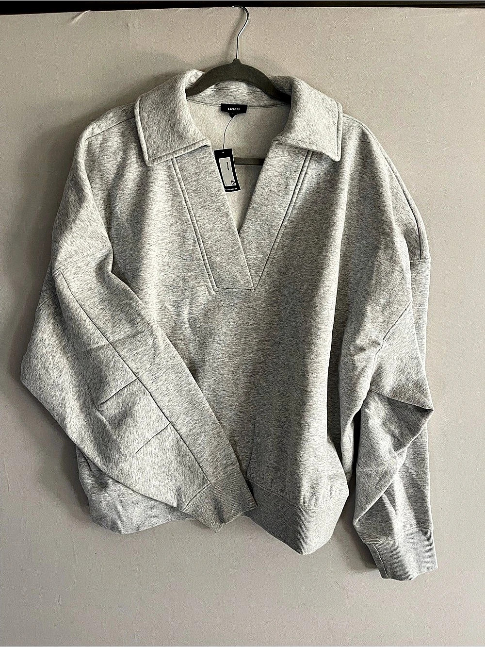 Express Relaxed V-Neck Fleece Polo Sweatshirt Gray XL